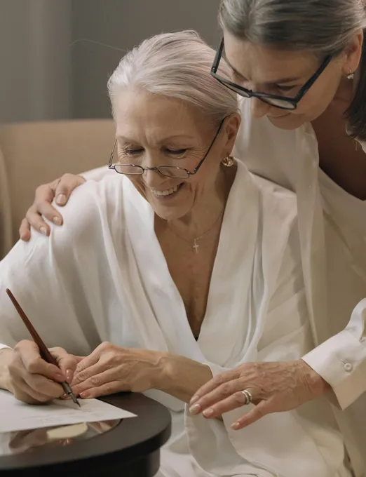 Caregiver gently supporting elderly woman with a writing activity